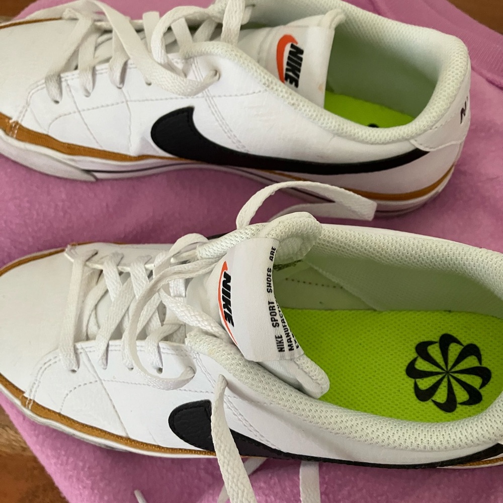 Nike women’s Legacy White Leather Sneakers with Black Swoosh and Tan Accent - Picture 3 of 5
